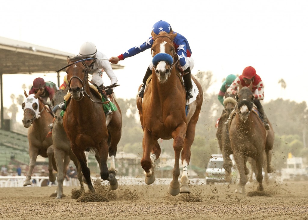 Blueskiesnrainbows and Martin Pedroza, center, win the Grade II $200,000 San Pasqual Stakes Saturday, January 11 2014 at Santa Anita. ©Benoit Photo