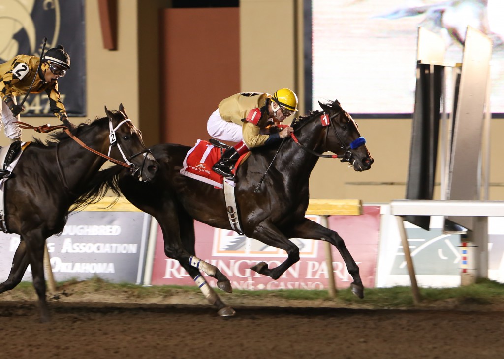 Ned Evans-bred Code West won the Governor's Stake at Remington Park on August 16. Photo Courtesy Dustin Orona Photography.