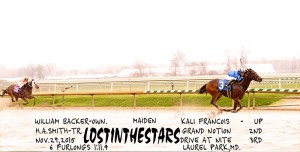 Lostinthestars, a 3 year old Henrythenavigator gelding, went gate to wire in a 6 furlong sprint November 29th at Laurel.