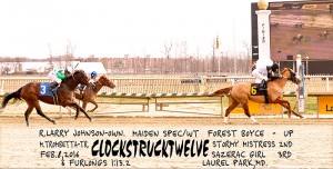 The Larry Johnson bred Clockstrucktwelve won in gate to wire fashion at Laurel Park February 8th. Photo by Jim McCue.