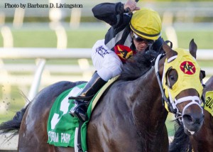 Wildcat Red (4), under Luis Saez, edges General a Rod (5), under Javier Castellano, to win the Fountain of Youth Stakes at Gulfstream Park on Feb. 22, 2014.