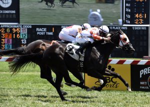 Grace Is Ready got her first win in seven lifetime starts to kick off Pimlico's "all-turf" card. Photo by Jerry Dzierwinski.