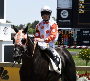 Jockey Feargal Lynch guides Grace Is Ready to the winner's circle. Photo by Jerry Dzierwinski.