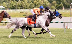 Available (#7) lost to Thirteenth Avenue by a head July 10, but got bumped up to the wining slot after a stewards review. Photo by Jim McCue.