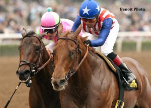 Kaleem Shah's Dortmund and jockey Martin Garcia, right, hold off Firing Line and jockey Gary Stevens to win the Grade III $150,000 Robert B. Lewis Stakes Saturday, February 7, 2015 at Santa Anita Park in Arcadia, CA.