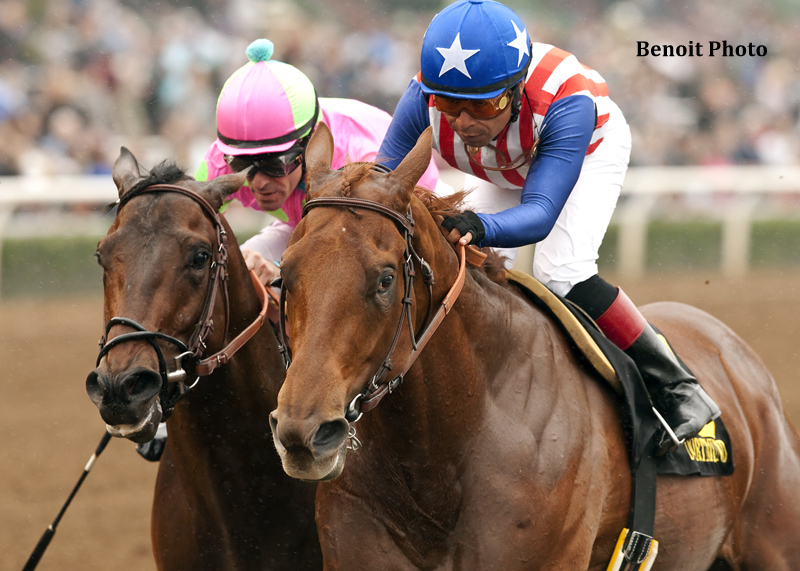 Kaleem Shah's Dortmund and jockey Martin Garcia, right, hold off Firing Line and jockey Gary Stevens to win the Grade III $150,000 Robert B. Lewis Stakes February 7, 2015 at Santa Anita Park in Arcadia, CA.
