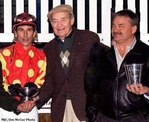 Jockey Mario Pino with Bert Allen & his son, Ferris Allen