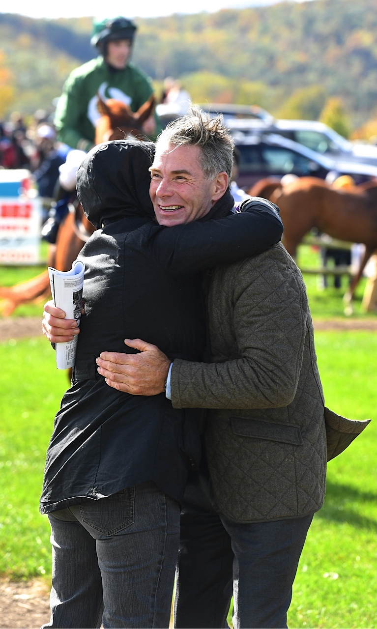 Trainer Neil Morris, who won 4 races at the International Gold Cup card, is shown here after a victory by Zanclus. Photo by Douglas Lees.