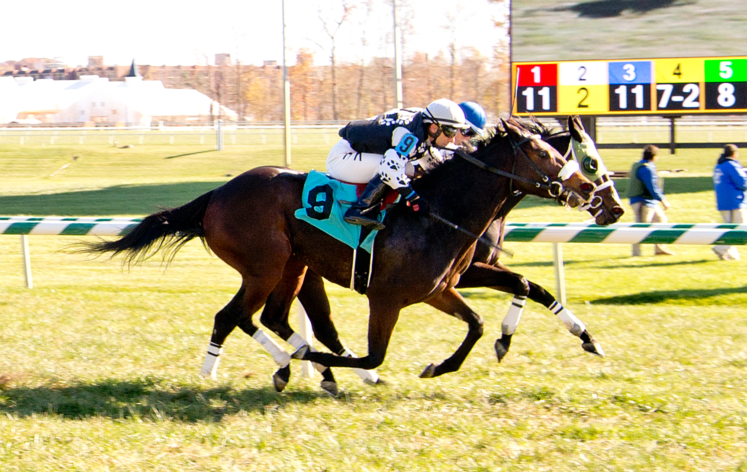 My Vixen won gate to wire --- barely --- November 13th at Laurel Park. Photo courtesy of Jim McCue.
