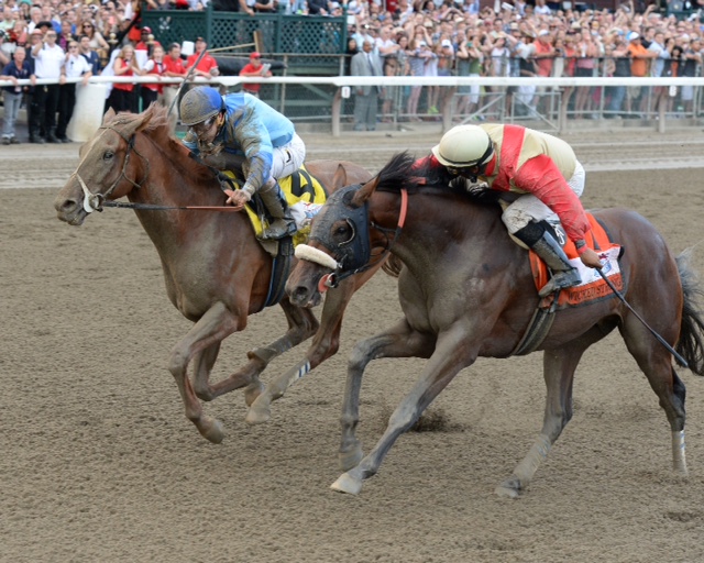 Virginia-owned V.E. Day winning over Virginia-raised Wicked Strong in the Grade I Travers. Photo courtesy Chelsea Durand.