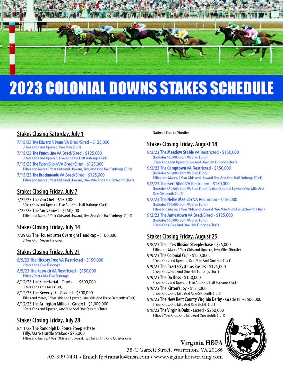 2023 Colonial Downs Stakes Schedule Virginia Thoroughbred Association
